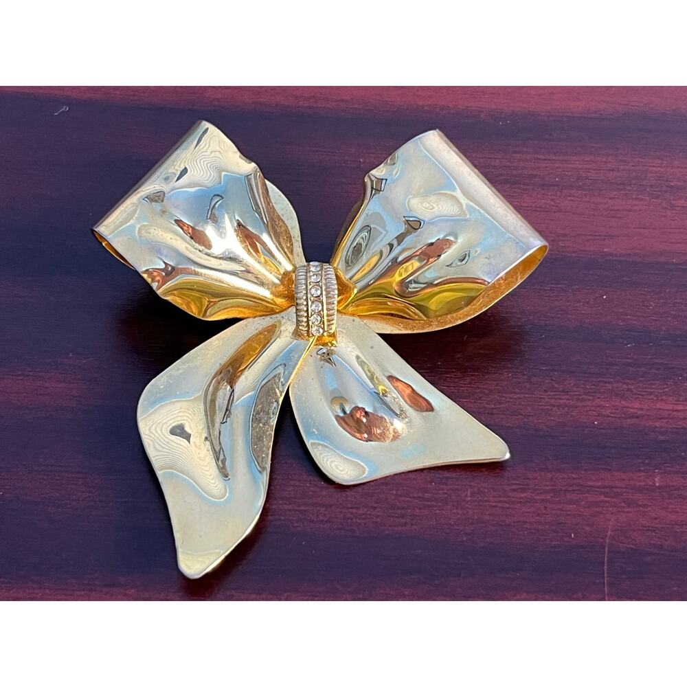 Vintage Oversized Gold Tone Bow Brooch Pin Rhinestones Glam Bling Christmas